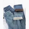 Jeans Reto Azul Feminino Calças de Perna Larga Outono Cintura Alta Cobrindo o Quadril Emagrecimento Adequado para Corpo Tipo Pera Calças Outono e Inverno
