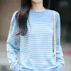 Suéter de punto de algodón puro a rayas para mujer, cuello redondo, manga larga, corte holgado, estilo casual, adecuado para primavera y otoño, cómodo de llevar como capa interior o exterior, estilo básico
