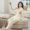 Pijama de imitación de algodón para mujer, conjunto de manga larga para primavera y otoño, rayas verticales, estampado de corazón, borde con volantes, cárdigan con lazo, ropa de casa