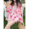 Blusa de Gasa para Mujer, Estilo Coreano de Verano, Top Babydoll Floral Muy Elegante y Delgado, Corte Holgado para Cubrir el Vientre, Ropa Interior Elegante