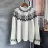 Suéter de punto jacquard con patrón de diamantes y cuello redondo para mujer, Nuevo top de punto casual holgado para Otoño/Invierno 2025