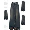 Jeans de Talla Grande Color Gris Cemento de Cintura Alta Pierna Ancha para Mujer Otoño 2026 Nuevo Estilo Favorecedores Sueltos Rectos de Largo Completo