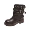 Botas de Media Caña con Tacón Grueso y Punta Fina Estilo Coreano para Mujer Correa con Doble Hebilla Negras Versátiles Botas de Jinete Suela Gruesa que Aumenta la Altura Botines Botas de Mujer