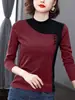 Derong Camiseta Interior para Mujer Otoño e Invierno Nueva Empalme de Cuello Camiseta de Terciopelo Cepillado Doble Cara para Mujer Aspecto Adelgazante