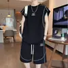Conjunto de regata e shorts de seda gelada sem mangas para o verão, traje esportivo juvenil, conjunto esportivo casual e estiloso de duas peças com modelagem solta
