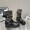 Botas de Cavaleiro com Fivela Coreana de Nicho Femininas 2026 Tendência Nova Retro Versátil Dobrável Plissada de Cano Curto Botas de Motociclista