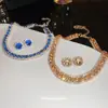 Conjunto de Brincos Quadrados Geométricos e Colar Estilo Europeu e Americano com Strass Coloridos, Corrente de Clavícula Fashion, Joias de Luxo Leve de Alta Qualidade