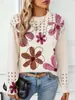 Nuevo Jersey Transfronterizo para Mujer de Primavera y Otoño, Holgado, Estampado, Cuello Redondo, Hueco, Manga Larga, Estilo Europeo y Americano, Suéter de Punto