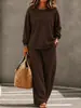 Conjunto de punto para mujer europeo y americano transfronterizo con cuello redondo, hombros caídos, manga larga y pantalones de pierna ancha de cintura alta, ajuste holgado, para ir al trabajo y estar en casa