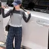 Conjunto de Top de Manga Larga Falso de Dos Piezas para Niñas de Primavera y Otoño Pantalones de Pierna Ancha para Niños Talla Mediana y Grande Conjunto de Dos Piezas Casual Lindo Versátil Moderno