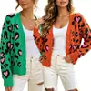 Cardigan de punto holgado de otoño de estilo europeo y americano, suéter jacquard corto de exportación transfronteriza con estampado de corazón y leopardo para mujer