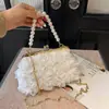 2026 Nuevo Bolso de Mano de Malla de Encaje Plegado para la Noche Bolso Cruzado Estilo Dulce Coreano con Cadena de Perlas