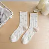 Meias Femininas Seamless Estilo Jardim Florido Meia-Perna Atacado Primavera e Verão Malha Ultra Fina Respirável Punho Solto Meias Slouch Algodão