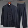 Traje Estilo Chinês Tang para Homens, Meia-Idade e Idosos, Conjunto de Manga Longa, Bordado em Seda Gelada para Primavera e Outono, Roupa de Pai, Conjunto de Duas Peças Hanfu de Vovô