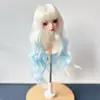 Pelucas de cosplay en stock para muñecas BJD, escala 1/6, rizadas de lana, degradado blanco y azul, suaves y fáciles de peinar