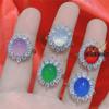 Anel de Calcedônia Vermelha Grande Jade Rosa Hibisco Anel Feminino Banhado a Prata Embutido Gema Azul Safira Anel Aberto de Ágata da Moda