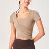 Nueva camiseta deportiva de yoga para mujer, con copas fijas ajustadas, cuello cuadrado, tirantes finos, manga corta, alta elasticidad, para adelgazar y fitness.