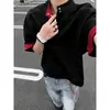 Camisa Polo Masculina de Verão Retrô Americana Color Block Patchwork com Meio Zíper Design Solto Manga Curta Gola Lapela Top Tendência