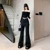 Calça flare de alta qualidade transfronteiriça, estilo duas peças com detalhe de babado, nova moda outono 2026, cintura alta, modelagem afina, casual, longa