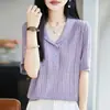 Camiseta feminina de tricô com gola polo e manga curta, estilo "old money" francês, nova moda 2026, top soltinho e versátil