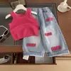 Nuevo traje de verano estilo coreano para niñas 2024 Conjunto de dos piezas de camisola de punto Treasure y jeans para mujer Verano para niños