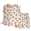 Traje de Manga Corta para Niños, Nuevo Estilo de Verano, Ropa de Casa de Encaje para Niñas, Pantalones Cortos de Seda Helada para Niñas, Conjunto de Dos Piezas, Ropa para Niños al por Mayor