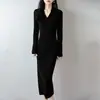 Elegante vestido de punto acanalado de lana pura con estampado de frutas verdes para mujer, ajustado, para otoño e invierno, de cuerpo ceñido, largo, adecuado para ir al trabajo y como capa interior