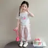 Conjunto de Ropa para Niñas 2026 Nuevo Estilo Coreano Moda Cereza Manga Corta Conjunto de Dos Piezas para Niñas Jóvenes Ropa de Verano