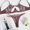 Conjunto europeo y americano de lencería sexy de encaje transparente para mujer, conjunto sexy de dos piezas con sujetador y bragas con anillo metálico hueco de alta gama