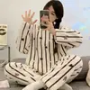Pijama de Flanela Quente Outono e Inverno para Mulheres Inverno Coral Fleece Desenho Animado Fofo Conjunto de Pijama para Casa