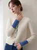 26 nova coleção outono e inverno: cardigã de malha de cashmere com blocos de cor e mangas compridas para mulheres, caimento solto, elegante casaco de tricô de lã