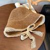 Sombrero de Paja con Cinta de Encaje Calado Estilo Hepburn para Mujer Verano Sombrero Grande Protector Solar y Sombrilla Sombrero de Paja de Pescador Sombrero para el Sol
