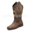 Botas de Caballero Altas Bordadas con Girasol Vintage para Mujer, Estilo Europeo y Americano, Punta Redonda, Tacón Grueso, Botas Largas
