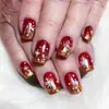 Unhas postiças de Natal, formato quadrado médio, vermelhas com glitter de floco de neve branco, pontas de unhas postiças removíveis