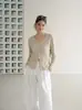 Cardigã de tricô casual estilo coreano com decote V e textura de linho para mulheres, primavera e outono, vazado, respirável, proteção solar, top fino