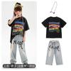 Traje de Moda Hip-Hop Holgado con Alfabeto para Street Dance Verano Pantalones de Mezclilla Traje de Rendimiento de Baile Hiphop para Niños y Niñas