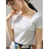 2024 Verano Nuevo Estilo Algodón Mercerizado Camiseta Hombro Inclinado Manga Corta Sexy Top con Clavícula Expuesta para Mujer