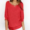 Nuevo de Primavera Estilo Europeo y Americano Transfronterizo Color Sólido Cuello Redondo Tejido Ropa de Trabajo para Mujer Elegante Top de Manga Tres Cuartos Camisa para Aire Acondicionado