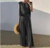 Pantalones anchos de pierna suelta de dos piezas sin mangas, informales, holgados, de algodón y lino, para mujer, primavera y verano 2023