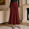Saia longa de renda lateral com corte A para mulheres, saia de cetim de alta qualidade, saia bodycon elegante de cintura alta