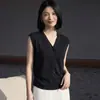 Colete Cardigan Tricotado Novo de Tencel Lyocell Gola V Cor Sólida Sem Mangas Camada Superior