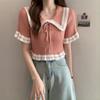 Camiseta de Verano para Mujer 2023 Nueva Nudo con Cordón Cuello Muñeca Nicho Manga Corta Top de Punto Dulce para Personitas