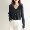 Jaqueta de Sol de Manga Curta Cor Sólida com Decote V para Primavera/Verão 2026 Cardigan de Malha Feminino Casual Solto de Lã Fina