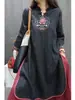 Roupas Femininas Estilo Chinês Algodão e Linho Vintage Guofeng vestido Bordado de Indústria Pesada Étnico Manga Média Vestido Longo Feminino Solto
