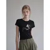 Ummoimoi Camiseta de Manga Corta con Cuello Redondo Estampado de Teckel Negro para Mujer Verano Nueva Corta Adelgazante Hombro Real Top