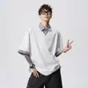 Camiseta de Manga Corta con Parches de Cuadros Estilo Americano Falsa de Dos Piezas para Hombre, Camisa Polo de Media Manga Retro College de Moda para Verano