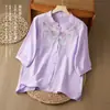 Nueva camisa retro bordada de algodón y lino estilo chino para mujer, nuevo modelo de verano, blusa artística de cinco mangas fina y transpirable