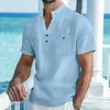Camisa polo de alta calidad, estilo nuevo europeo y americano, cuello mao, camisa de manga corta de algodón y lino, top casual para hombre, ropa ligera y de corte holgado para hombre