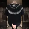 Top de Malha Curta Jacquard Estilo Étnico Fair Isle Retrô Masculino Japonês Tendência Casual Versátil Camiseta de Meia-Manga