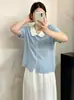 Ropa para mujer de talla grande, top juvenil de color block con cuello de muñeca, cárdigan para mujer, camiseta de manga corta, camisa de punto de talla grande para verano 2026